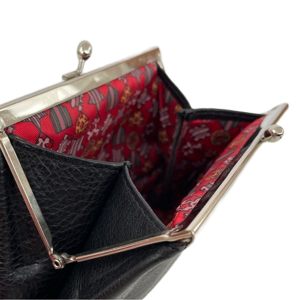 Vintage Enrico Coveri Black Leather Coin Purse, Silver Hardware Red Print Lining - Picture 4 of 8